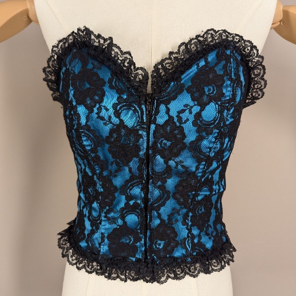 Vintage Blue Black Lace Bustier Corset Top Zipper Front Size S 14" Pit to Pit 12